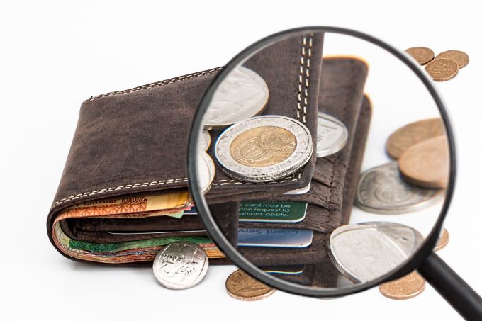 Magnifier, wallet, coins, money, banknote, finance, currency