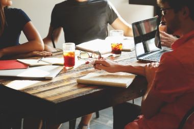 Meeting, brainstorming, laptop, beverage, discussion, glasses