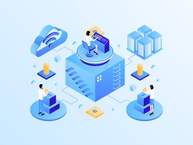 Illustration of money management in isometric light gradient.