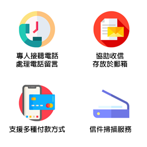 專人接聽電話處理電話留言, 協助收信存放於郵箱, 支援多種付款方式, 信件掃描服務